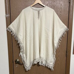 Carolina K 100% Wool Fringe Poncho/Coverup  Top Cream Boho Resort Size Large